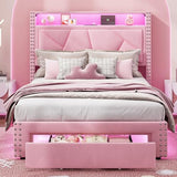 MSmask Twin Bed Frames with LED Lights, Storage Headboard with Charging Station, Drawers, Upholstered Bed Twin Size with Solid Wood Slat, No Box Spring Needed, Easy Assembly, Pink MSmask