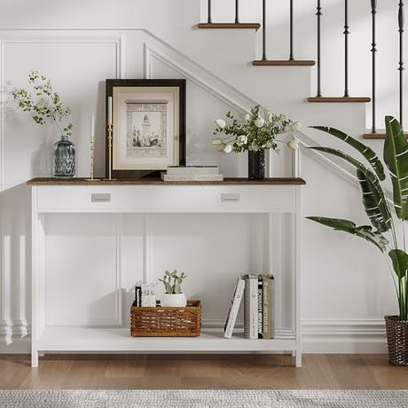 ChooChoo Farmhouse Long Entryway Table with Drawer, Mission Narrow Console Sofa Table with Storage, for Entryway,Living Room and Hallway, 47 Soft White and Brown ChooChoo
