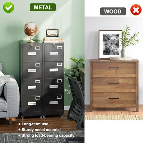 Aobabo 4 Drawer File Cabinet with Lock and Wheels, Metal Vertical Filing Cabinet with Anti-Tilt Interlock System for Home Office, Fits Letter/Legal Size, Black,Required Assembly Aobabo