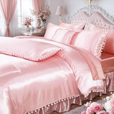 Bedorm Pink Satin Comforter Set 10 Pcs White Pom Pom Bedding Set Queen Size Super Soft Smooth Silk Like Silky Comforter Queen Bed in A Bag with Comforter & Sheet Set & Pillowcase & Bed Skirt Bedorm