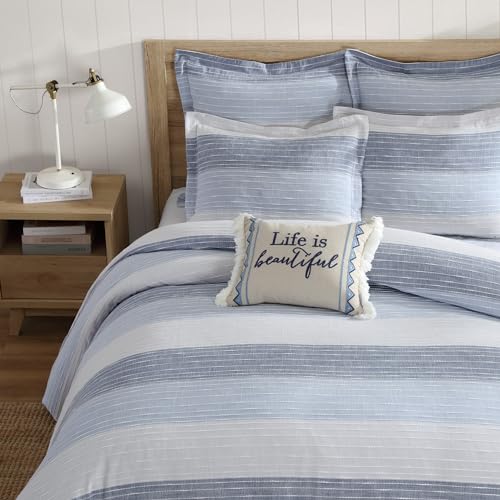 Levtex Home Sand Stripes Blue King Duvet Cover Set (106x94in) with 2 Pillowcases (36x20in) - Woven Jacquard Stripe - Navy, Blue, Grey, Cream - Cotton King Size Duvet Cover Set - Soft, Pre-Washed Levtex Home