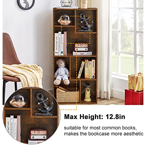 VECELO 42 Inch High Bookcase, 4-Tier Modern Storage Cabinet with Height Difference Shelves for Standard Textbooks, Floor Standing, 7 Cubes, Horizontal Available, Easy Assembly, Rustic Brown VECELO