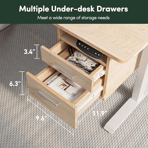 FEZIBO Electric Standing Desk 48 x 24 Inch with Monitor Shelf, 3 Drawers and Open Storage, Home Office Computer Workstation, Maple, 2 Packages FEZIBO
