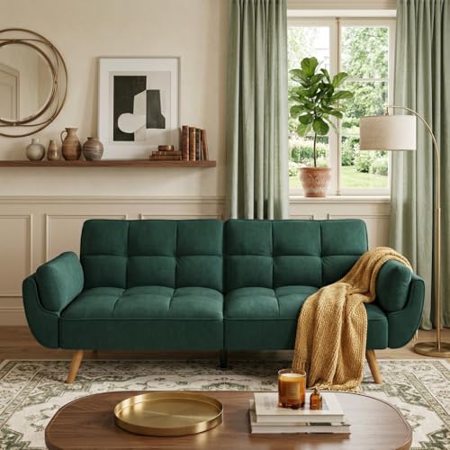 Trygoal Convertible Futon Sofa Bed, Modern Futon Couch with 2 Pillows, Small Futons Couch with Adjustable Armrest & Backrest, Loveseat Sofa Bed for Living Room, Bedroom, Green Trygoal