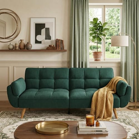 Trygoal Convertible Futon Sofa Bed, Modern Futon Couch with 2 Pillows, Small Futons Couch with Adjustable Armrest & Backrest, Loveseat Sofa Bed for Living Room, Bedroom, Green Trygoal
