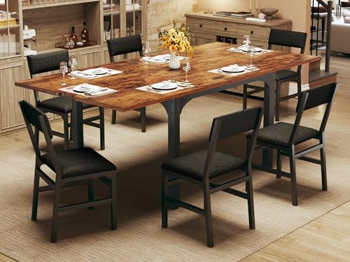 7-Piece Dining Table Set for 4-6, Extendable Kitchen Table Cushion Chairs Set of 6 with 6 Chairs, Rectangle Dining Table with Metal Frame & MDF Board, Folding for Small Apartment Saving Space, Rustic HUAHUU