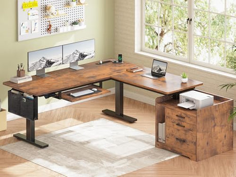 SEDETA L Shaped Electric Standing Desk with File Cabinet, 63 x 53'' Height Adjustable Home Office Computer Desk with 3 Drawers, Power Outlet, Stand up Gaming Table with Led Lights, Rustic Brown SEDETA