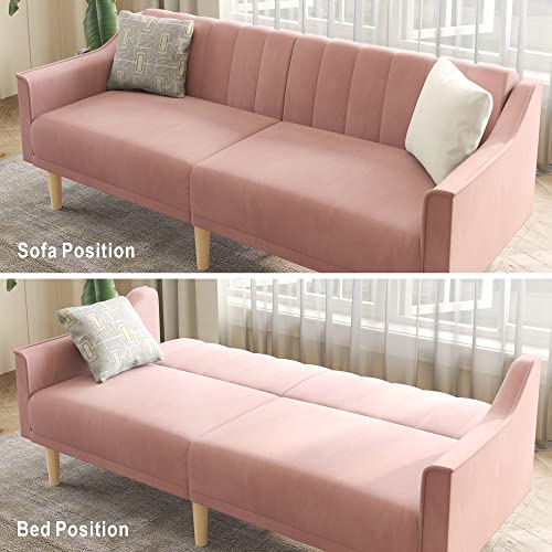 Velvet Futon Sofa Bed Couch, 74" Pink Convertible Sleeper Sofa, Loveseat Futon Couch with Adjustable Backrests, Couches for Living Room Bedroom Apartment