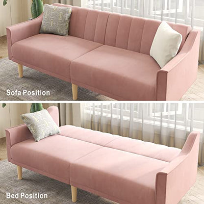 Velvet Futon Sofa Bed Couch, 74" Pink Convertible Sleeper Sofa, Loveseat Futon Couch with Adjustable Backrests, Couches for Living Room Bedroom Apartment