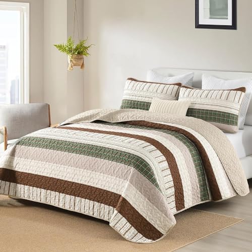 DJY Striped Quilt Set Twin Size, Boho Brown Green Striped Bedspread Coverlet Set Soft Microfiber Patchwork Quilt Bedding Set 3 Pieces for All Season(86"x68") DJY
