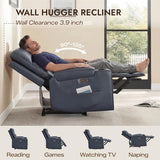 Watson & Whitely Genuine Leather Power Recliner Chair, Wall Hugger Electric Reclining Chair with Cup Holders & Charging Ports for Living Room, Navy Blue
