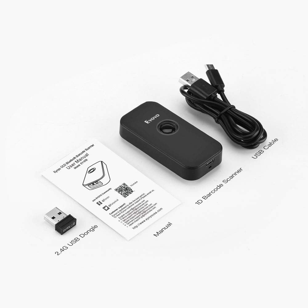 Eyoyo Mini 1D Bluetooth Barcode Scanner, 3-in-1 Bluetooth & USB Wired & 2.4G Wireless Barcode Reader Portable Bar Code Scanning Work with Windows, Android, iOS, Tablets or Computers Eyoyo