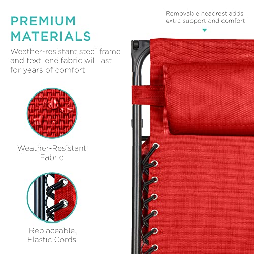 Best Choice Products Folding Zero Gravity Outdoor Recliner Patio Lounge Chair w/Adjustable Canopy Shade, Headrest, Side Accessory Tray, Textilene Mesh - Crimson Red