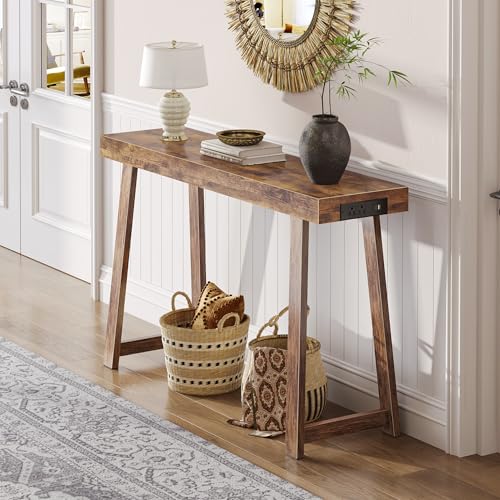 Huuger Entryway Console Table with Charging Station, USB-C Port, 47.2 Inch Sofa Table with Metal Legs, Entry Hallway Table with Thicker Desktop, Modern Behind Couch Table, Rustic Brown Huuger
