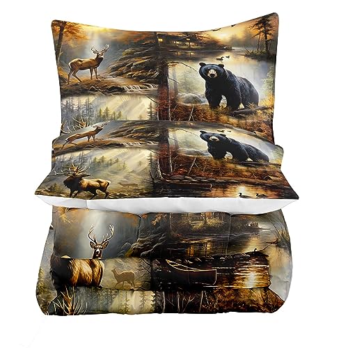LUVIVIHOME 3PCS Black Bear Deer Comforter Set King Size, Elk Moose Mallard Duck Woodland Forest Animal Wildlife Hunting Camo Hunter Country Lodge Rustic Farmhouse Cabin Bedding Sets, 2 Pillow Shams LUVIVIHOME