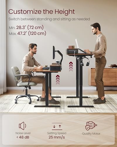 VASAGLE Electric Standing Desk with Drawers, 47.2 x 23.6 Inches, Sit Stand Desk with Power Outlet and LED Lights, Adjustable Height, Storage Shelf, 3 Memory Buttons, for Home Office, Rustic Brown VASAGLE