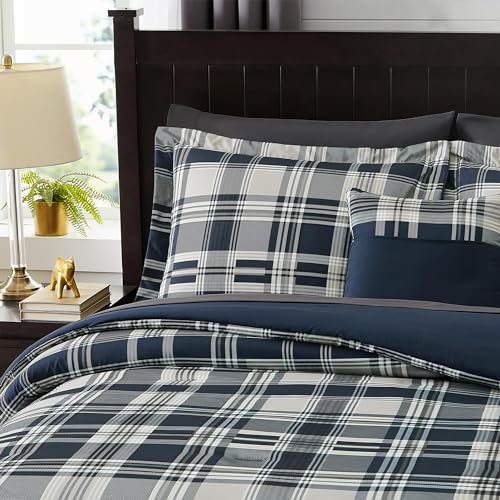 MaiRêve Full Size Comforter Set Navy Blue, Plaid Design Comforter Set 7 Pieces, All Season Comfortable Bedding Sets Full, Lightweight, Soft and Warm (Navy Blue, Full) MaiRêve