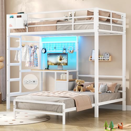DICTAC Twin Over Twin Bunk Bed with Desk,Led Lights and Charging Station Metal L-Shaped Bunk Beds with Storage Drawers and Shelves, Loft Bed with Safety Guardrail and Ladder for Kids and Teen,White DICTAC