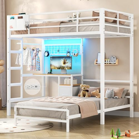 DICTAC Twin Over Twin Bunk Bed with Desk,Led Lights and Charging Station Metal L-Shaped Bunk Beds with Storage Drawers and Shelves, Loft Bed with Safety Guardrail and Ladder for Kids and Teen,White DICTAC