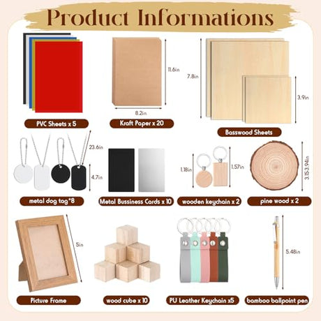 Tondiamo 76 Pcs Laser Material Explore Kit for Laser Engraving Materials Accessories Including Wood, Metal, PU Leather, PVC Materials for Laser Engraver Crafting Supplies Tondiamo