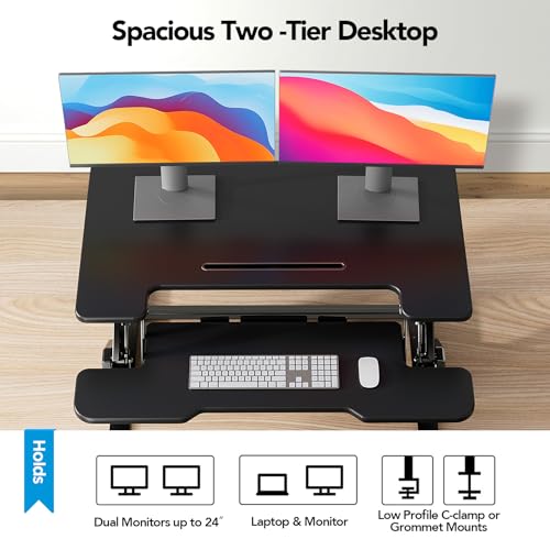 HUANUO 32" Z Shaped Stable Standing Desk Converter, Height Adjustable Sit Stand Up Desk Riser, Dual Monitor and Laptop Workstation with Wide Keyboard Tray, Desk Lifter for Home Office HUANUO