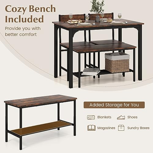 Moccha Dining Table Set for 4, Wooden Kitchen Table with with 2 Chairs and a Long Bench, Modern 4-Piece Dinette with Metal Frame & Storage Rack, Space-Saving Table Set for Dining Room, Rustic Brown LDAILY