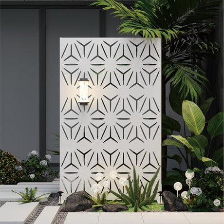 Heavy-Duty Outdoor Privacy Screen for Patio, Balcony, Backyard - 72" H * 44" W Metal Room Divider with Modern Geometric Pattern, Anti-Tipping Kit, Weather Resistant, Easy Assembly (White-SJX) QINPTWUT