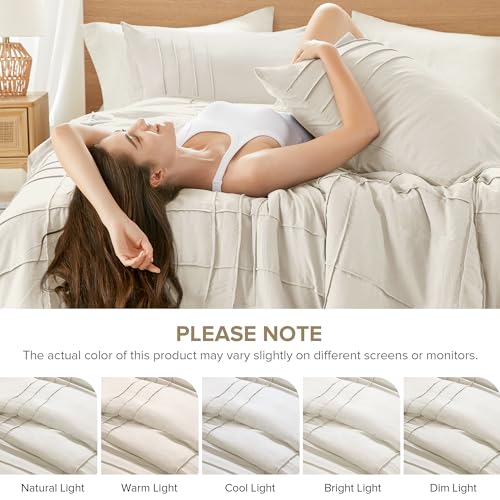 Comfort Spaces Cream King Size Duvet Cover Set - 3 Pieces Pintuck Pleated Duvet Cover, All Season Lightweight, Extra Softness Pre-Washed Microfiber King Bedding Cover Shams Comfort Spaces