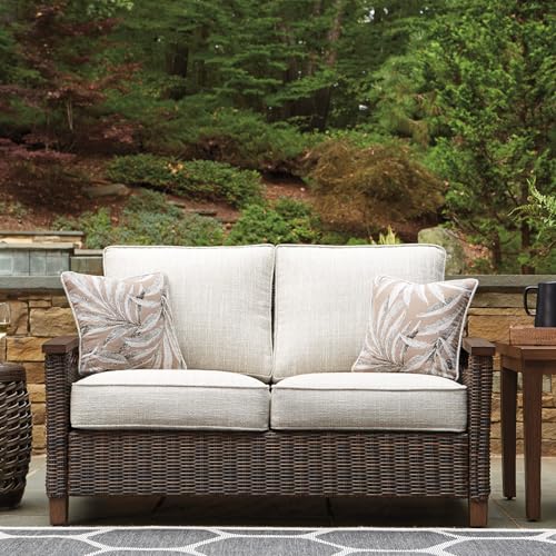 Signature Design by Ashley Paradise Trail Outdoor Loveseat with All Weather Cushions, Medium Brown Signature Design by Ashley