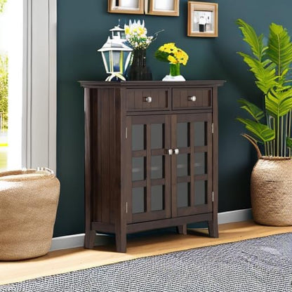 SIMPLIHOME Acadian SOLID WOOD 36 inch Wide Rustic Entryway Hallway Storage Cabinet in Brunette Brown, with 2 Drawers, 2 Doors and 2 Adjustable Shelves