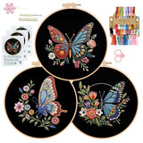 RidaaFri Embroidery Kit for Beginners, 3 Pk Stamped Butterfly DIY Craft Supplies with Hoop, Needles, Floss, Video, Complete Starter Kit for Learning Embroidery, Hobby Gift