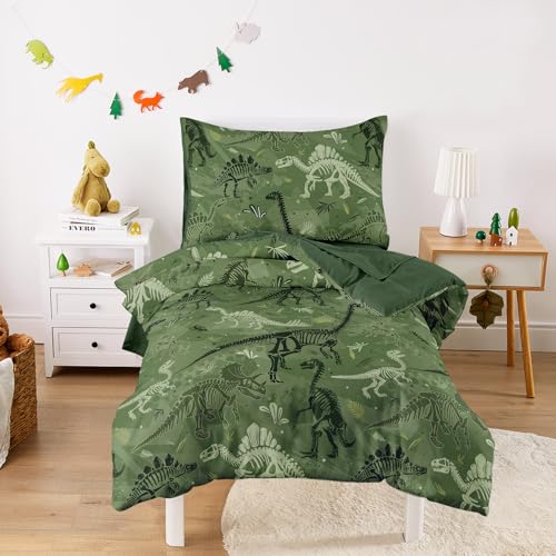 Wake In Cloud - Dinosaur Toddler Bedding Set for Boys, Colorful Dino Prehistoric Fossil, 4 Pieces Soft Crib Bed Set Including Comforter, Sheets and Pillowcase, Army Green Wake In Cloud