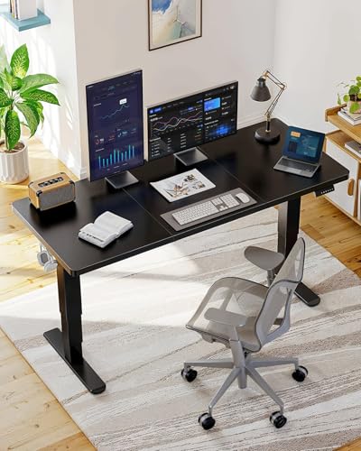 HUANUO 60x30 Inch 3-Stage Legs Electric Standing Desk, Large Height Adjustable Office Desk with Brushless Motor, Stand Up Desk with 4 Memory Presets & 2 Hooks, Computer Desk for Home Office, Black HUANUO