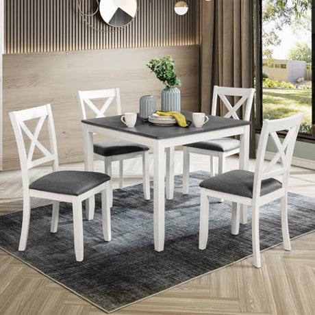 Augabam 5-Piece Dining Table Set for 4, Kitchen Dining Table with 4 Soft Cushioned Solid Wood Chairs, Ideal for Home or Restaurant Use.(Gray & White_Small) Augabam