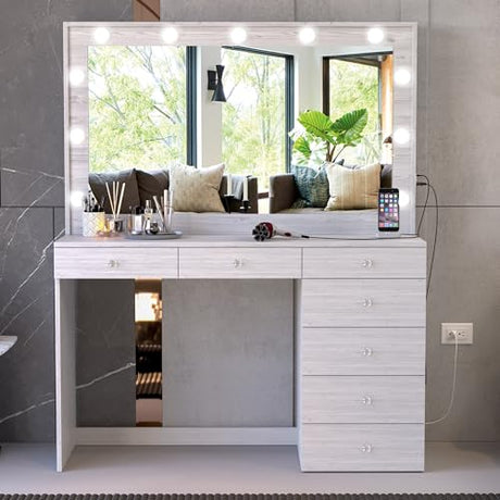 Boahaus Isolde Large Greige Makeup Vanity Desk with Lights, 7 Drawers, USB and Power Outlet, Large Top, Vanity Mirror with Lights Built-in, Farmhouse, Crystal Knobs, 58.2'' H x 47.2'' W x 17.7'' D Boahaus