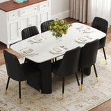 Ebullient White Marble Dining Table Set for 6, 67'' Modern Oval Dining Table and Chairs Set, 7 Piece Kitchen Table Set with 3.5'' Thick Marble-Patterned Top and Matte Black Column Legs Ebullient