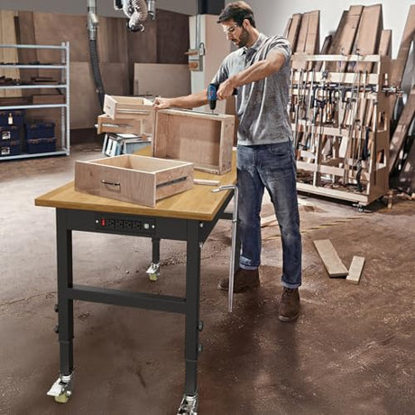 SGHATAJ 48” Adjustable Height Workbench with Drawers, Heavy-Duty Solid Wood Work Table with Lockable Wheels and Power Outlets, 3000 Lbs Capacity Workstation for Garage, Workshop, Home, Office SGHATAJ