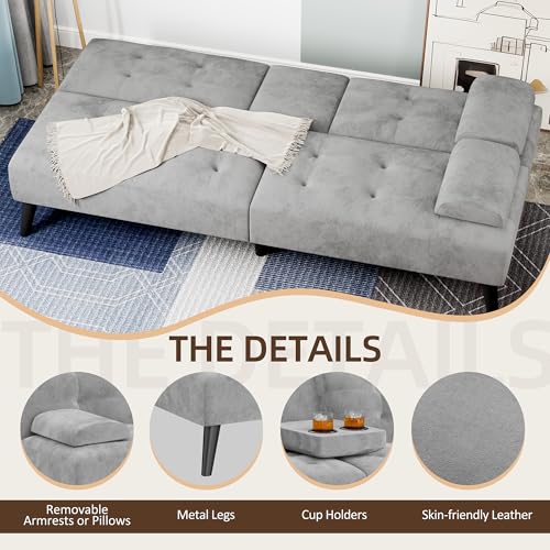 Shintenchi Futon Sofa Bed, Velvet Foldable Couch Reclining Sleeper w/Removable Armrests, Upholstered Loveseat w/Folding Cup Holders for Home, Office, Light Gray Shintenchi