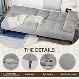 Shintenchi Futon Sofa Bed, Velvet Foldable Couch Reclining Sleeper w/Removable Armrests, Upholstered Loveseat w/Folding Cup Holders for Home, Office, Light Gray Shintenchi