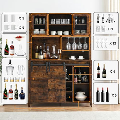 IDEALHOUSE Farmhouse Coffee Bar Cabinet with Sliding Barn Doors, 70'' Kitchen Hutch Cabinet with Storage, Wine&Glasses Rack, Tall Sideboard Buffet Cabinet for Kitchen, Dining Room, Brown - WoodArtSupply