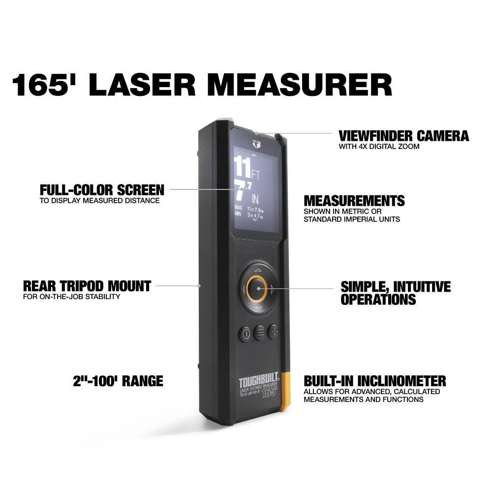 ToughBuilt - 165' Laser Distance Measurer, Bluetooth Laser Distance Measurer, Large Color Screen with viewfinder - (TB-H2-LM-165-BT) ToughBuilt