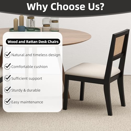 Westice Rattan Dining Chairs Set of 6, Farmhouse Natural Dining Room Chairs with Upholstered Cushion, Wood Armless Chairs for Kitchen/Restaurant, Black Westice