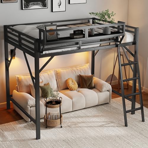 Full Size Loft Bed with Storage Shelves & Soft Foam Ladder, Metal High Loft Bed with Large Under-Bed Space & Guardrail, Heavy-Duty Modern Beds for Adults Teens and Kids, No Box Spring Needed, Black Aurnienofus