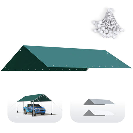 Quictent Carports Replacement Tarp Canopy Top Cover with Bungees Balls, for 10x20 ft Garage Party Tent Shelter - Green, One Roof Only Quictent
