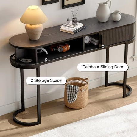ONBRILL 55 Inch Console Table with 2 Drawers, Entryway Table with Sliding Door, Long Sofa Table Behind Couch w/Metal Leg, Mid-Century Modern Console Table for Entryway, Hallway, Living Room,Black ONBRILL