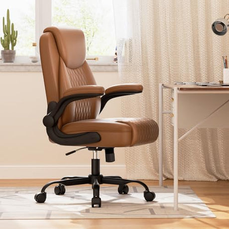 COMHOMA Office Chair 400lbs, Home Desk Chair with Flip-up Arms and Ergonomic Back - Heavy Duty PU Leather Executive Chair for Home Office Gaming, Brown COMHOMA