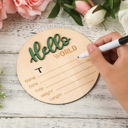 Baby Announcement Sign, 5.9 Inch Wooden Hello World Newborn Welcome Sign Birth Baby Name Plaques for Photo Props Baby Shower Hospital Nursery(Green) - WoodArtSupply