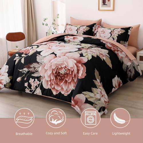 Floral Comforter Set King Size 7 Pieces Black Pink Floral Bed in a Bag, Complete Bedding Sets Elegant Flower Bed Set Comforter for All Season with Flat Sheet, Fitted Sheet, Pillowcases & Shams Dintszyayue