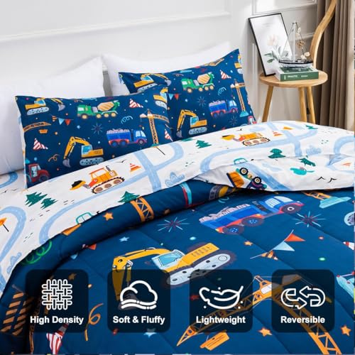Holawakaka Trucks Tractors Cars Boy Bedding Comforter Set with Sheets, Twin Size Cartoon Construction Car Excavator Print Kids Bed in A Bag 5-Piece, Boys Reversible Dorm Bed Sets (Navy Blue Twin) Holawakaka