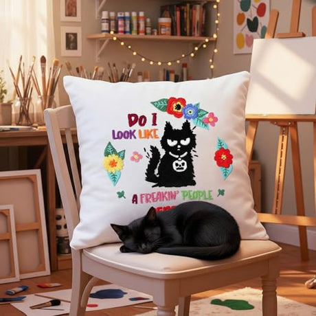 Rivvlive 4 Sets Funny Cat Embroidery Kit with Embroidery Hoop Pattern Needlepoint Kit for Beginners and Adults Needlepoint Crafts Set with Needles Thread and Instruction DIY Rivvlive